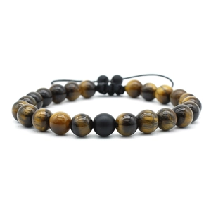 Adjustable 8mm tiger eye and matte black bead bracelet for men with woven cord