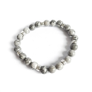 Elastic 8mm natural map stone beaded bracelet with ornate silver-toned metal spacers