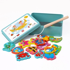 Magnetic wooden fishing game toy set with colorful marine animals in a blue tin box