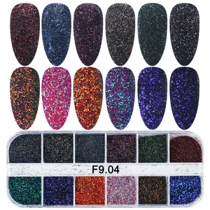 Detailed display of 12-grid nail art glitter set with various colorful sequins and swatches