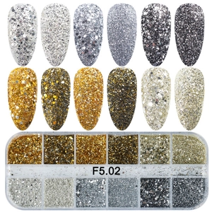 Close-up of 12-grid nail art glitter set with gold and silver sequins, model F5.02