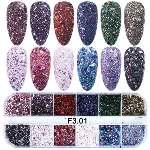 Detail of 12-color nail glitter set with various shapes in a transparent storage box