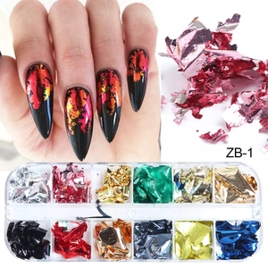 Detail of 12-color nail foil set with a close-up on pink metallic flakes and application