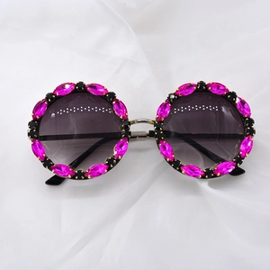 Oversized round sunglasses with magenta marquise rhinestones and grey gradient lenses