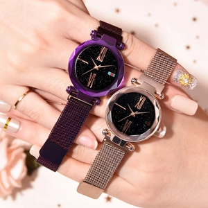 Women's starry sky quartz watches with magnetic mesh band and geometric cut glass