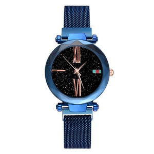 Starry sky dial women's quartz watch with blue Milanese magnetic strap and rose gold hands