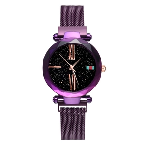 Women's starry sky watch with purple magnetic mesh band and Roman numeral dial