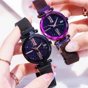 Starry sky dial women's watch with magnetic mesh band and faceted glass in purple and black