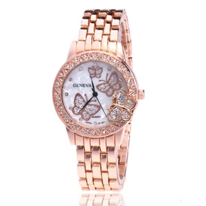 Women Quartz Watch Metal Strap Rhinestone Bezel Butterfly Design Fashion Elegant Shell Dial Lady Wristwatch Jewelry