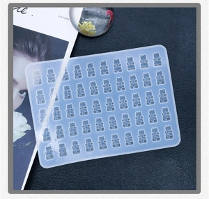 Detailed view of flexible 50-cavity gummy bear silicone mold for DIY resin or chocolate