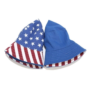 Reversible bucket hat with American flag print and navy blue side for sun protection