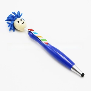 Detail of blue cartoon stylus pen featuring a microfiber mop head and soft touch tip