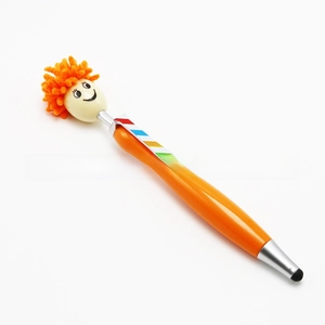 Detail of creative orange fuzzy top stylus pen with screen cleaner and colorful clip