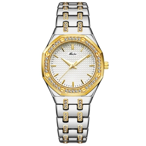 Elegant silver and gold quartz watch for women with rhinestone inlay and white grid dial