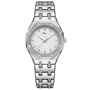 Fashionable silver quartz watch for women with rhinestone bezel and textured white dial