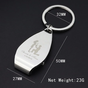 Custom engraved stainless steel bottle opener keychain with personalized date and silhouette
