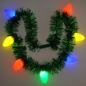 Green tinsel garland necklace with 7 large multicolor LED light bulbs for Christmas parties