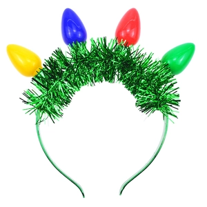Christmas headband with festive green tinsel and four large colorful bulb ornaments