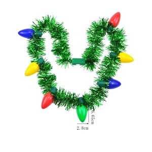 7LED Christmas light bulb necklace with green tinsel and colorful battery-powered bulbs