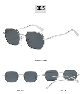 Three-view display of silver polygonal metal sunglasses with grey lenses and wavy arms