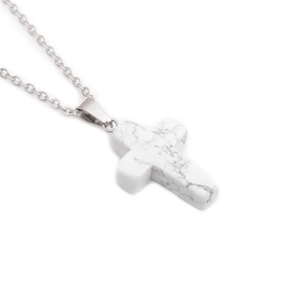 Minimalist stainless steel chain necklace with cross pendant featuring white marble stone texture