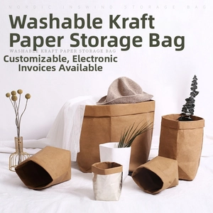 Washable kraft paper bags in various sizes with leather-like texture for home storage