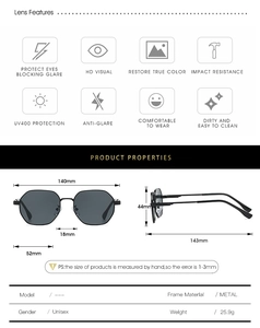 Detailed dimension chart for square metal frame sunglasses showing 140mm frame width and lens size