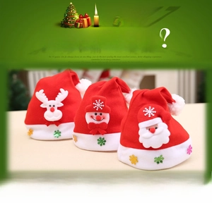 Detailed close-up of Santa Claus, Snowman, and Reindeer applique on Christmas hats