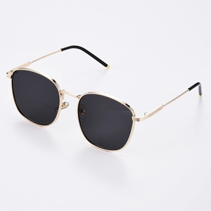 Fashion square metal sunglasses with gold frame and dark lenses at a 45-degree angle