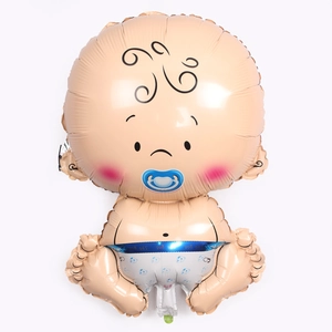 Detailed view of baby boy foil balloon with blue pacifier for first birthday party