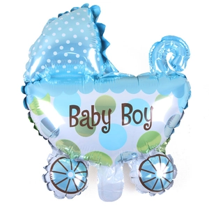 Blue stroller-shaped foil balloon with Baby Boy print for first birthday party decoration