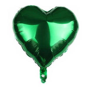 Detailed view of an 18-inch heart-shaped green foil balloon with metallic finish