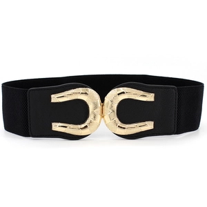Women's wide elastic corset belt with a double U-shaped gold metal buckle on white background