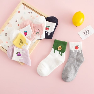 Japanese style cotton mid-calf socks with colorful fruit embroidery for women