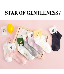 Flat lay of cotton socks set with diverse fruit embroidery and milk text in vibrant colors