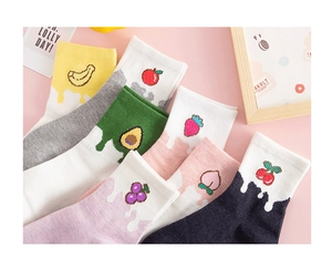Detailed macro view of colorful cotton socks featuring embroidered fruit patterns and wavy cuffs