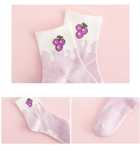 Detail of purple cotton socks with grape embroidery and MILK lettering on the sole