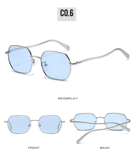 Three-way view of hexagonal silver metal sunglasses with light blue translucent lenses