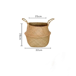 Detailed size diagram for woven seagrass plant basket with dual handles 25x28x32cm