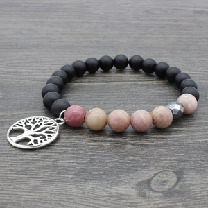 Tiger Eye and Lava Stone Mala Bracelet featuring an intricate silver Tree of Life pendant
