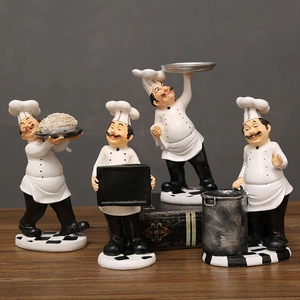 Set of four vintage resin chef figurines with black and white checkered bases for kitchen decor