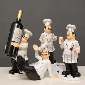 Set of four vintage resin chef figurines with wine rack for kitchen and café decor