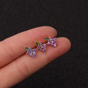 Grape-shaped gold stud earring with purple cubic zirconia and green leaf stones