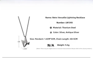 Detail showing dimensions of vintage lightning pendant with titanium steel chain specs