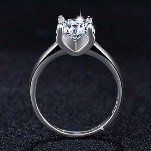 Macro detail of high-clarity zircon ring with a heart-shaped claw setting and S925 band