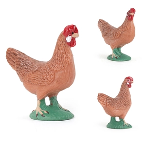 Realistic 3-piece hen poultry figurines with brown feather texture and green grass base