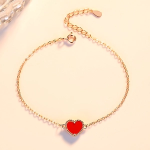 Elegant S925 sterling silver golden chain bracelet with red heart pendant and beaded edge