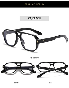 Close-up of square double bridge black eyeglasses showing side, front, and back views