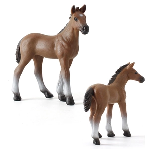 Realistic brown Lusitano horse family figurines for kids with detailed muscle texture