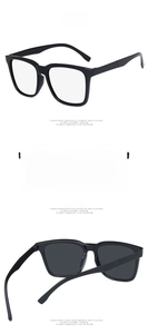 Three perspectives of glossy black square frame sunglasses showing frame and temple details